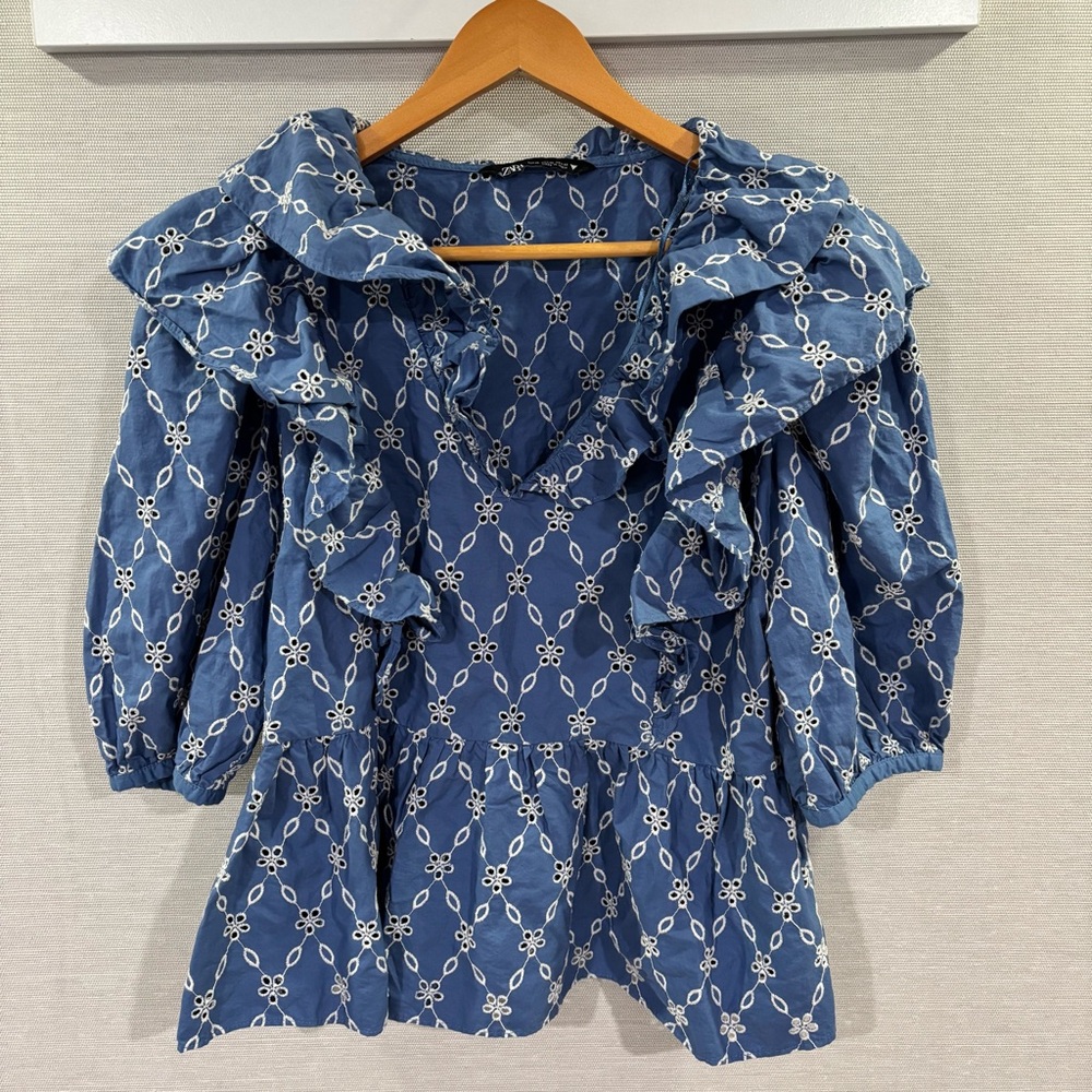 Zara Blue Floral Ruffle Blouse